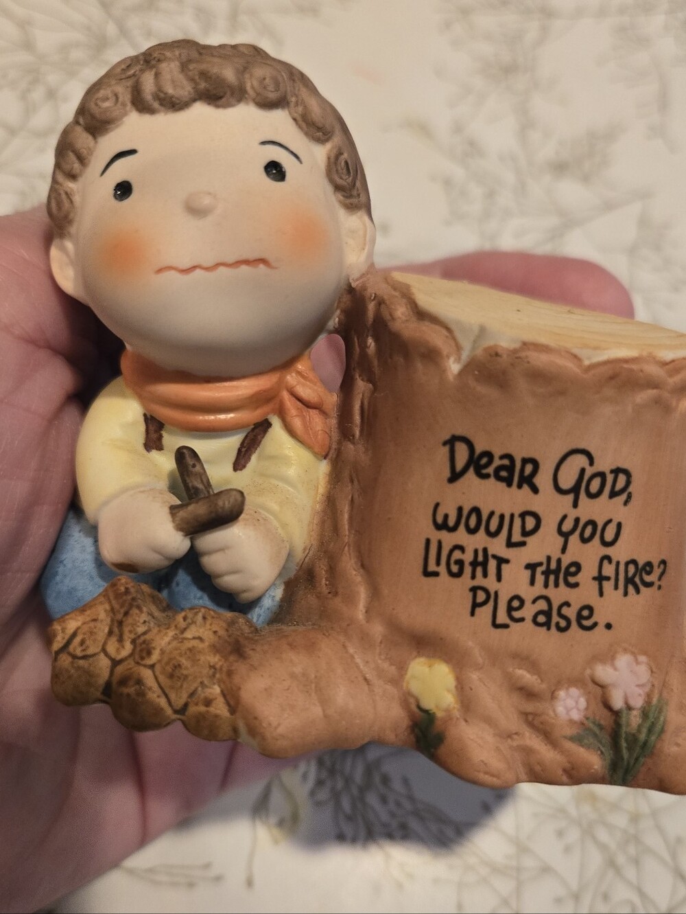 "Dear God Kids" Vtg 1982 Porcelain Figurine Enesco Boy Tree Stump